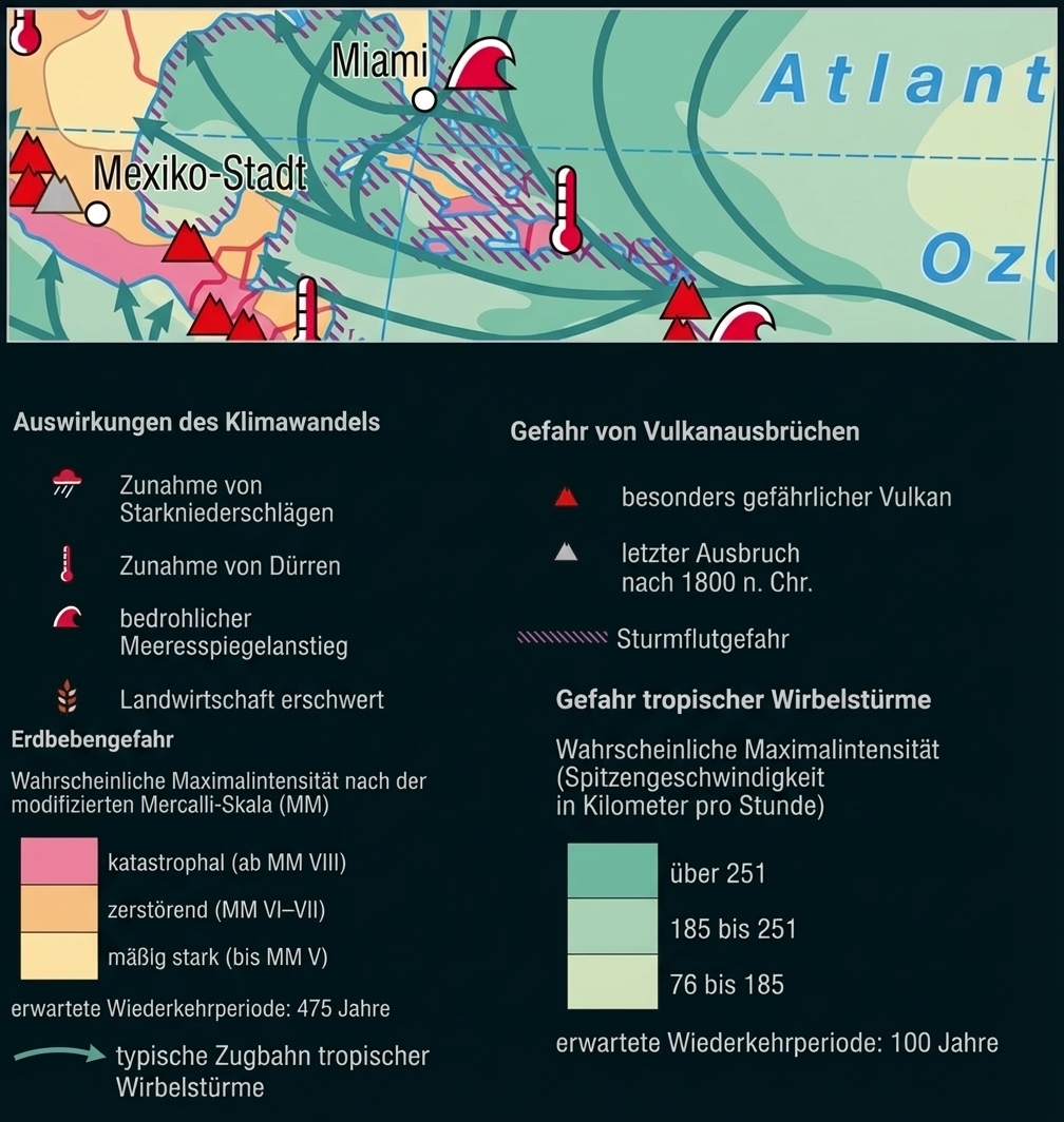 Legende und Kartenausschnitt zu Klimaauswirkungen, Vulkan-, Erdbeben- und Wirbelsturmgefahr mit Symbolen und Farbskalen.